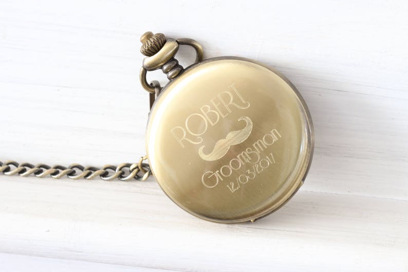 Personalized Gold Vintage Antique old Pocket Watch, Engraved Custom Monogram pocketwatch chain, groomsmen gift image 2