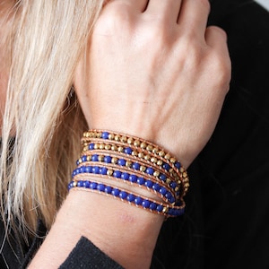 Wrap Bracelet. Boho Bracelet. Lapis Lazuli Leather Bracelet Semi precious Stone, 5x Five Wrap, Golden Beads. mothers day gift Birthday