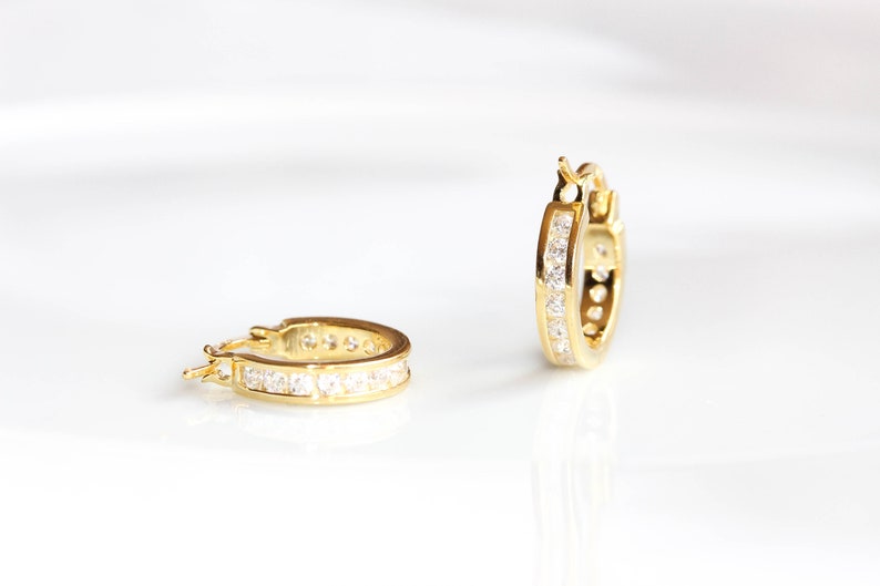 Sterling Silver CZ Hoop Earrings. Dainty minimalist huggie hoop earrings Tiny 18K gold plated Earrings Gift Wedding Bridesmaid Earrings image 3