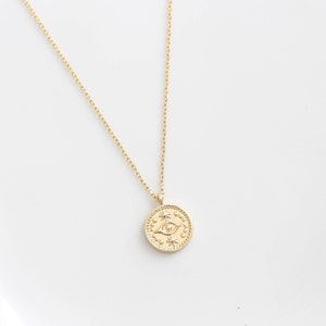 Evil Eye Gold Coin Necklace. 18K Gold filled Dainty Tiny Disc Necklace Protection Necklace Lucky Necklace Christmas Gift for her Birthday image 4