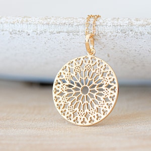 Filigree Gold Medallion Necklace. Gold filled Necklace Minimalist boho necklace Dainty layering yoga necklace Delicate necklace Gift for her