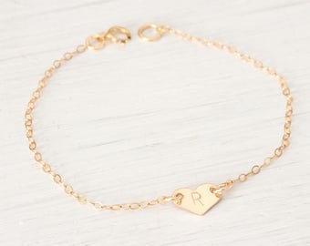Personalized Gold filled tiny Initial Heart Bracelet Jewelry, Love Stamped, Gold Filled Chain Mothers Day Gift for her 14k gold filled
