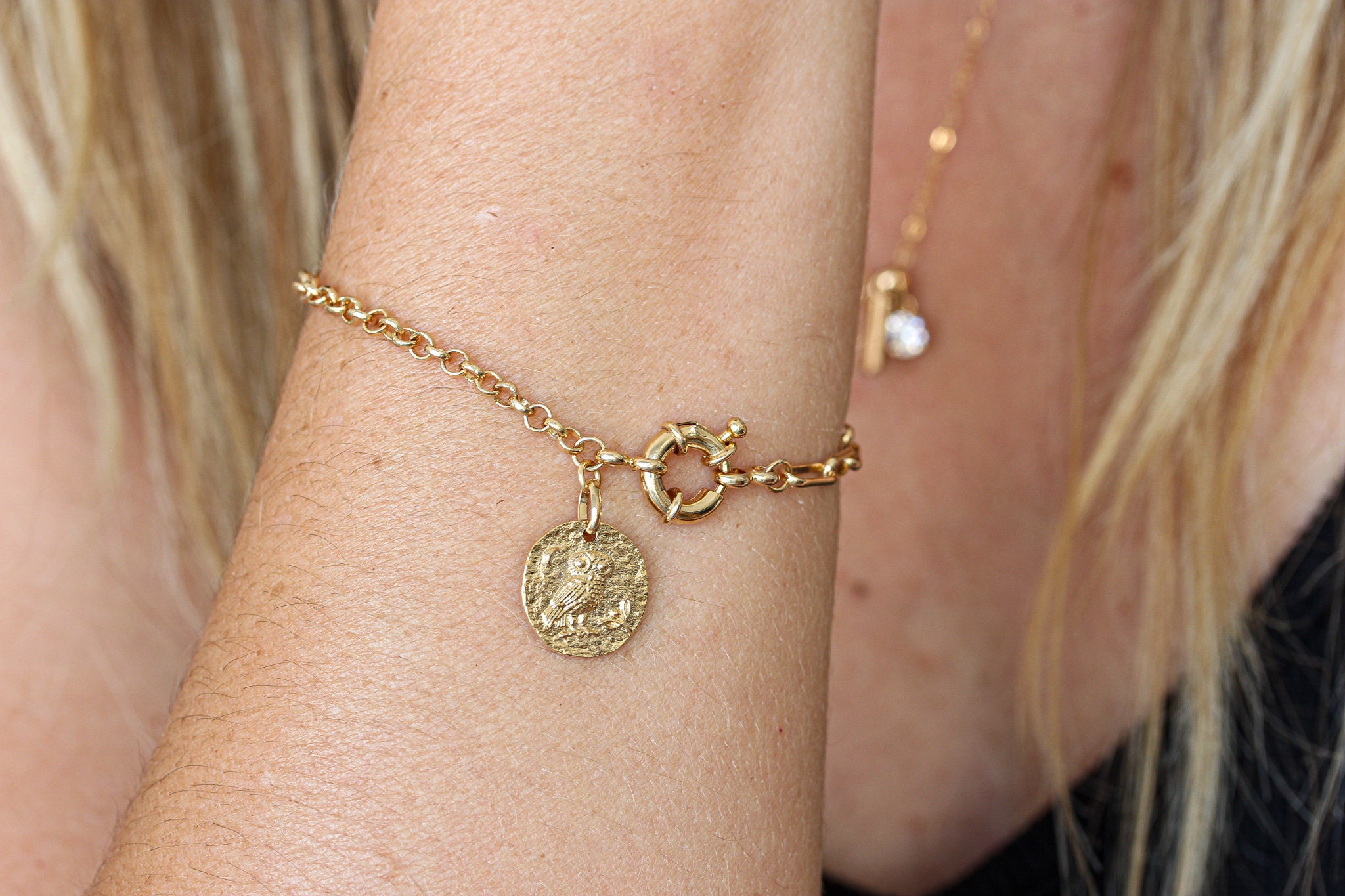 Gold Owl Charm Bracelet: Dainty Link Chain, Boho Jewelry