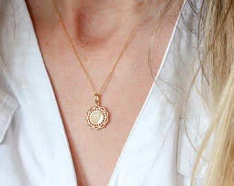 Initial Flower Gold Necklace: Personalized Medallion Pendant