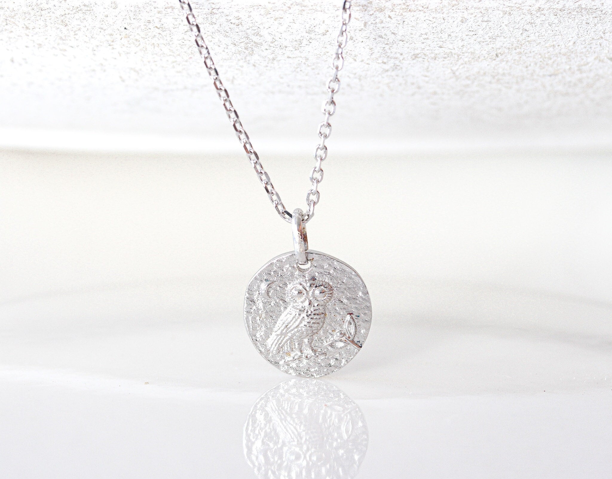 Sterling Silver Hammered Owl Pendant Necklace: Dainty Bird Jewelry