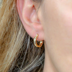 Sterling Silver CZ Hoop Earrings. Dainty minimalist huggie hoop earrings Tiny 18K gold plated Earrings Gift Wedding Bridesmaid Earrings image 4