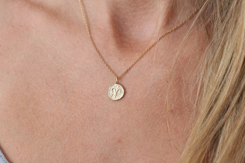 Zodiac Gold Coin Necklace. Dainty Tiny astrological Sign Constellation Necklace Gold filled Lucky Necklace Birthstone Gift for her Birthday image 1