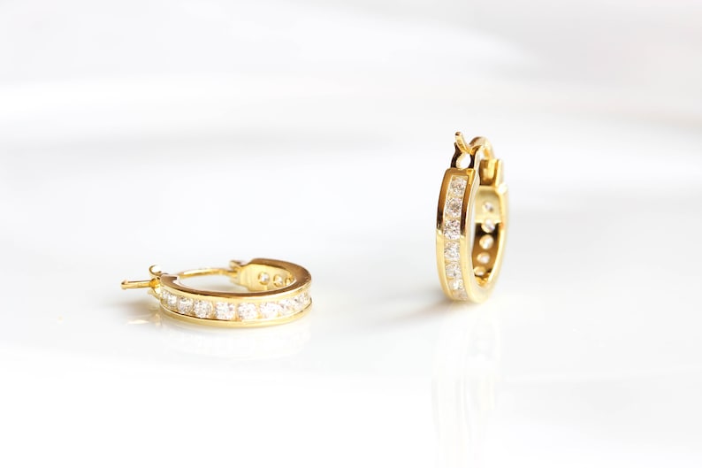 Sterling Silver CZ Hoop Earrings. Dainty minimalist huggie hoop earrings Tiny 18K gold plated Earrings Gift Wedding Bridesmaid Earrings image 1