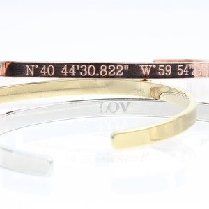 Custom Bangle Coordinates Bracelets, Personalized Name Gold Rose Gold Silver GPS Bracelets. Nameplate Bracelet. Bridesmaids Wedding Gift