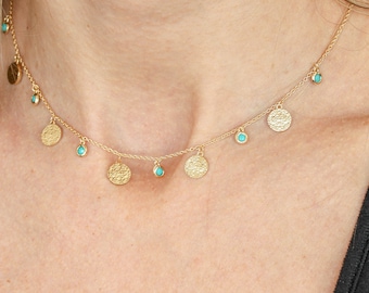 Gold Pampille Turquoise Choker Necklace: Dainty Boho Layering Necklace