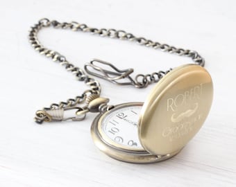 Personalized Gold Vintage Antique old Pocket Watch, Engraved Custom Monogram pocketwatch chain, groomsmen gift