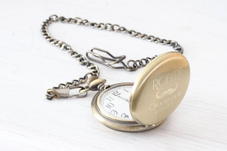 Personalized Gold Vintage Antique old Pocket Watch, Engraved Custom Monogram pocketwatch chain, groomsmen gift image 1