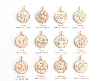 Gold Zodiac Coin Necklace: Dainty Astrology Pendant, Celestial Sign