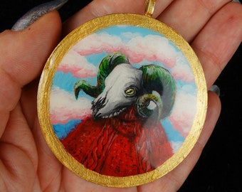Hand Painted Ram in a sweater Pendant, statement pendant