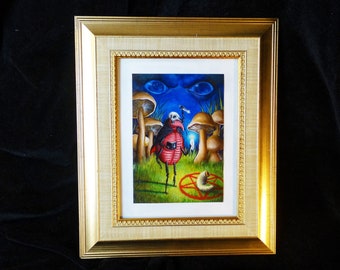 The Satanic Cult Weevil framed painting, satan art, beetle insect original art, surreal art, ready to hang home decor