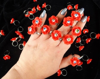 Hand painted Eye Rose ring, gothic ring, Eye Flower adjustable ring