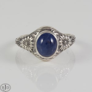 Blue Sapphire and Aster Flower Argentium Sterling Silver Ring Tribute 1226 image 1