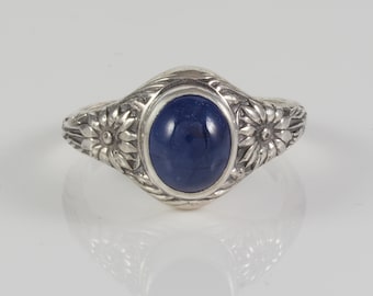 Blauwe saffier en asterbloem Argentium sterling zilveren ring - eerbetoon - 1226