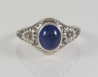 Blue Sapphire and Aster Flower Argentium Sterling Silver Ring - Tribute - 1226