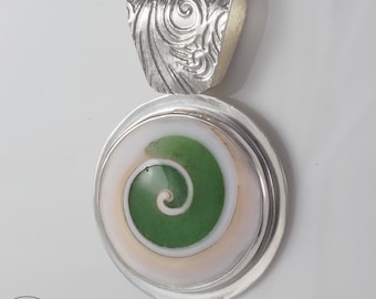 Green Eye of Shiva (Fossilized Shell) set in Argentium Sterling Silver Pendant Necklace - 1174