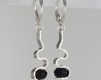 Black Onxy and Argentium Sterling Silver Drop Earrings - 1236