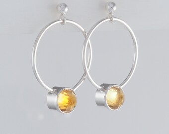 Yellow Citrine Post Earrings Bezel Set in Sterling Silver - 1025