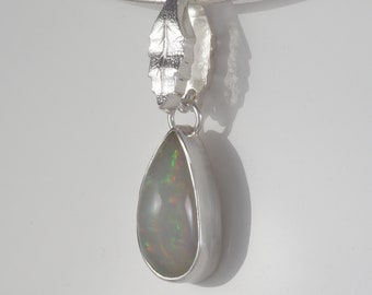 Opal Pendant Bezel Set in Argentium Sterling Silver with Leaf Bail - Tribute - 1244