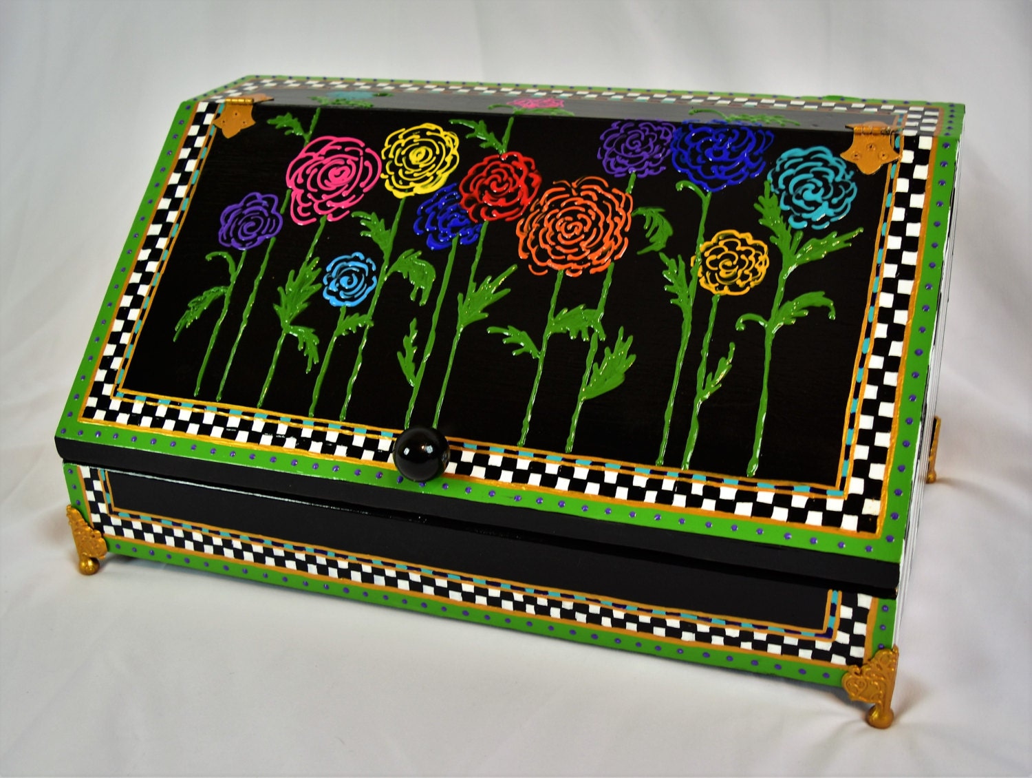 DESKTOP WRITING BOX Hand Painted Vintage Lined Strips and Etsy