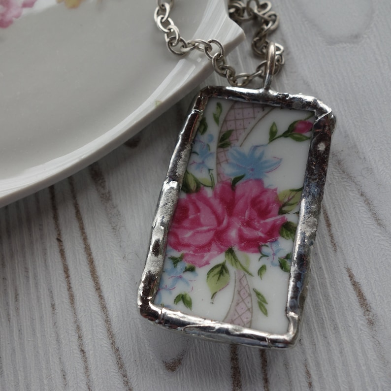 broken china jewelry pink flower necklace Pink roses long pendant necklace long necklace broken china necklace vintage china necklace