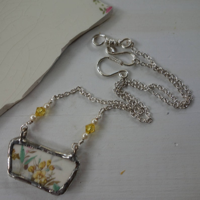broken china jewelry vintage necklace flower necklace Yellow flower necklace broken china pendant unique necklace