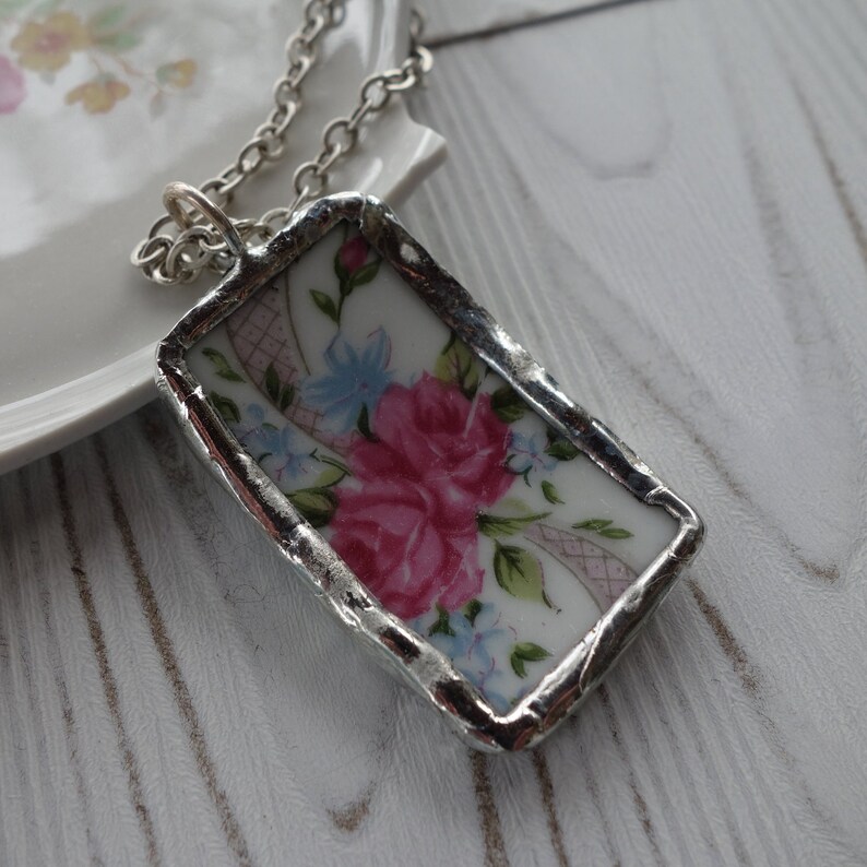 broken china jewelry pink flower necklace Pink roses long pendant necklace long necklace broken china necklace vintage china necklace