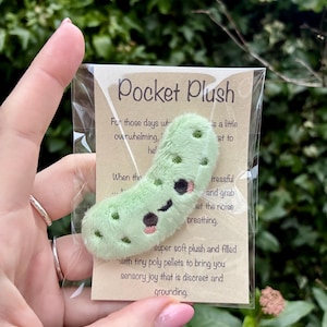 May include: A small, light green plush pickle toy with black eyes and a smiling mouth, in a clear plastic sleeve. The packaging is labelled "Pocket Plush" and has text about sensory benefits.