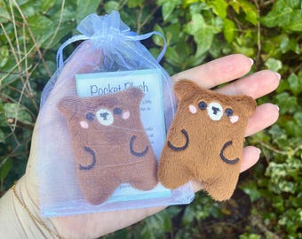Pocket Plush Brown Bear – Beanie Fidget, Sensory, Machine Embroidery