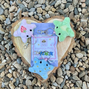 May include: A wooden heart-shaped display holds three plush frog keyrings in pink, green, and blue. Each keyring has a silver clasp. A small bag with the text "Mystery Frog" is also present.