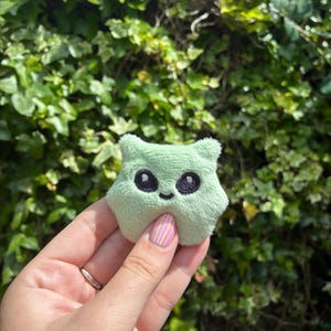May include: A small, light green plush toy shaped like a star with rounded points. The plush features two large, dark purple embroidered eyes and a small, simple embroidered mouth, giving it a friendly and soft appearance with a fuzzy texture.