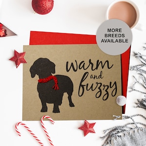Tarjeta navideña con perro salchicha, tarjeta festiva con forma de perro, bufanda tejida a mano, tarjeta individual, juego de 4 u 8