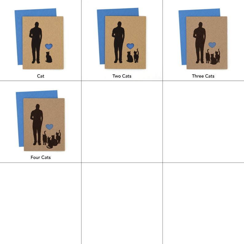 Puede incluir: Un conjunto de tarjetas de felicitaci&oacute;n con la silueta de una persona, un coraz&oacute;n y gatos. Las tarjetas tienen una parte delantera de papel kraft y un sobre azul. El n&uacute;mero de gatos var&iacute;a de uno a cuatro en cada tarjeta.