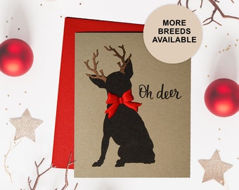 Chihuahua Christmas Card, Dog Holiday Card, Antlers, Bow, Single Card, Set of 4 or 8