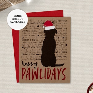 Biglietto di Natale Labrador Retriever, Lab, biglietto di auguri per le feste del cane, cappello di Babbo Natale, Pawlidays, biglietto singolo, set da 4 o 8