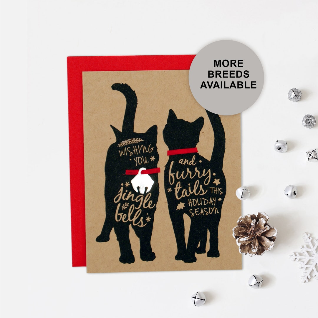 Two Cats Christmas Card, Cat Holiday Card, Jingle Bell, Single Card ...