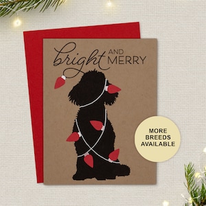 Biglietto di Natale barboncino, biglietto di auguri per le feste del cane, luci, lampadine, biglietto singolo, set da 4 o 8