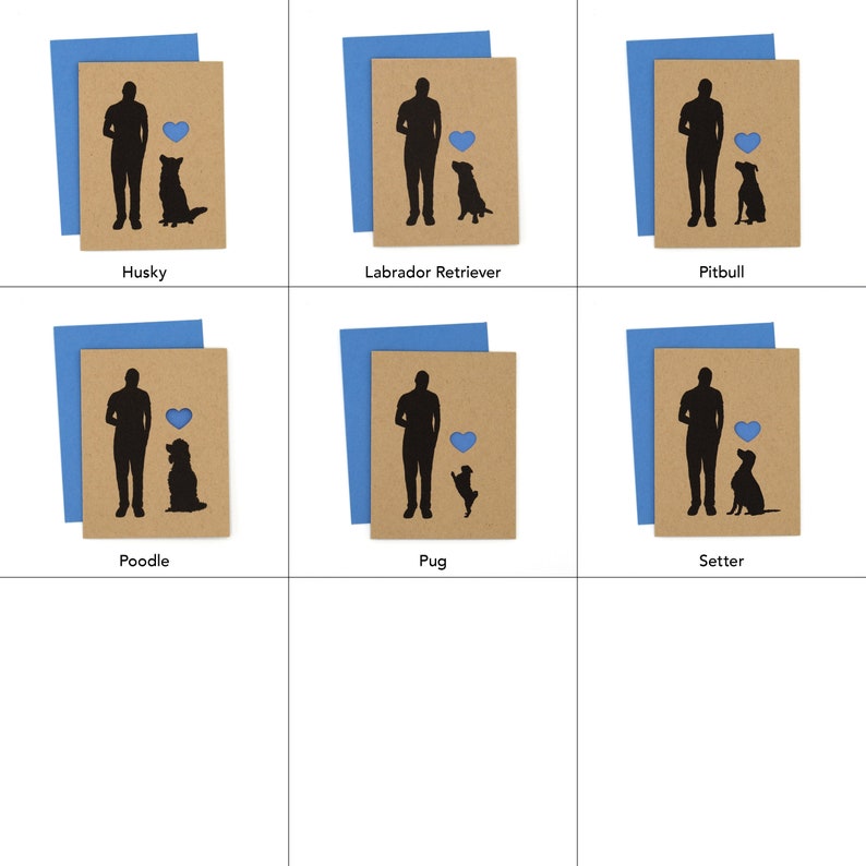 Puede incluir: Tarjetas de felicitaci&oacute;n con la silueta de una persona y un perro, con un coraz&oacute;n azul. Cada tarjeta presenta una raza de perro diferente: Husky, Labrador Retriever, Pitbull, Caniche, Carlino y Setter. Las tarjetas tienen una parte delantera de papel kraft y un reverso azul.