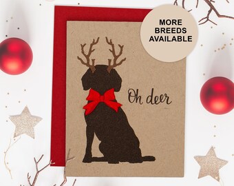 Beagle Christmas Card, Dog Holiday Card, Antlers, Bow, Single Card, Set of 4 or 8