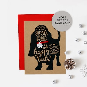 Biglietto di Natale Basset Hound, biglietto di auguri per le feste con i cani, Jingle Bell, biglietto singolo, set da 4 o 8
