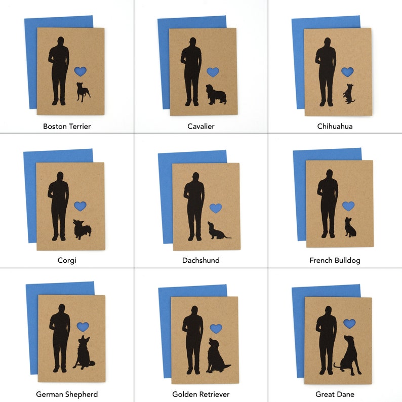 Puede incluir: Nueve tarjetas de felicitaci&oacute;n con la silueta de una persona, un perro y un coraz&oacute;n azul. Cada tarjeta presenta una raza de perro diferente: Boston Terrier, Cavalier, Chihuahua, Corgi, Dachshund, Bulldog Franc&eacute;s, Pastor Alem&aacute;n, Golden Retriever y Gran Dan&eacute;s.