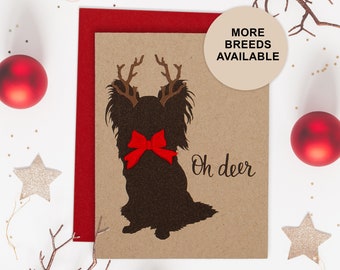 Papillon Christmas Card, Dog Holiday Card, Antlers, Bow, Single Card, Set of 4 or 8