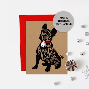 Biglietto di Natale Bulldog francese, Frenchie, biglietto di auguri per le feste con cane, Jingle Bell, biglietto singolo, set da 4 o 8