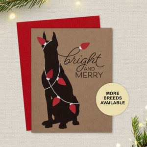 Biglietto di Natale Doberman, biglietto di auguri per le feste del cane, luci, lampadine, biglietto singolo, set da 4 o 8