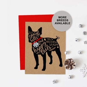 Boston Terrier biglietto di Natale, biglietto di auguri per le feste del cane, Jingle Bell, biglietto singolo, set da 4 o 8