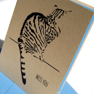Te pierdas la tarjeta del gato, te extrañes, ven a casa pronto, desearía que estuvieras aquí, gato triste, tarjeta Tabby Cat